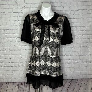 Chic Black Lace Print Women's Blouse with Ruffles and Bows Size L